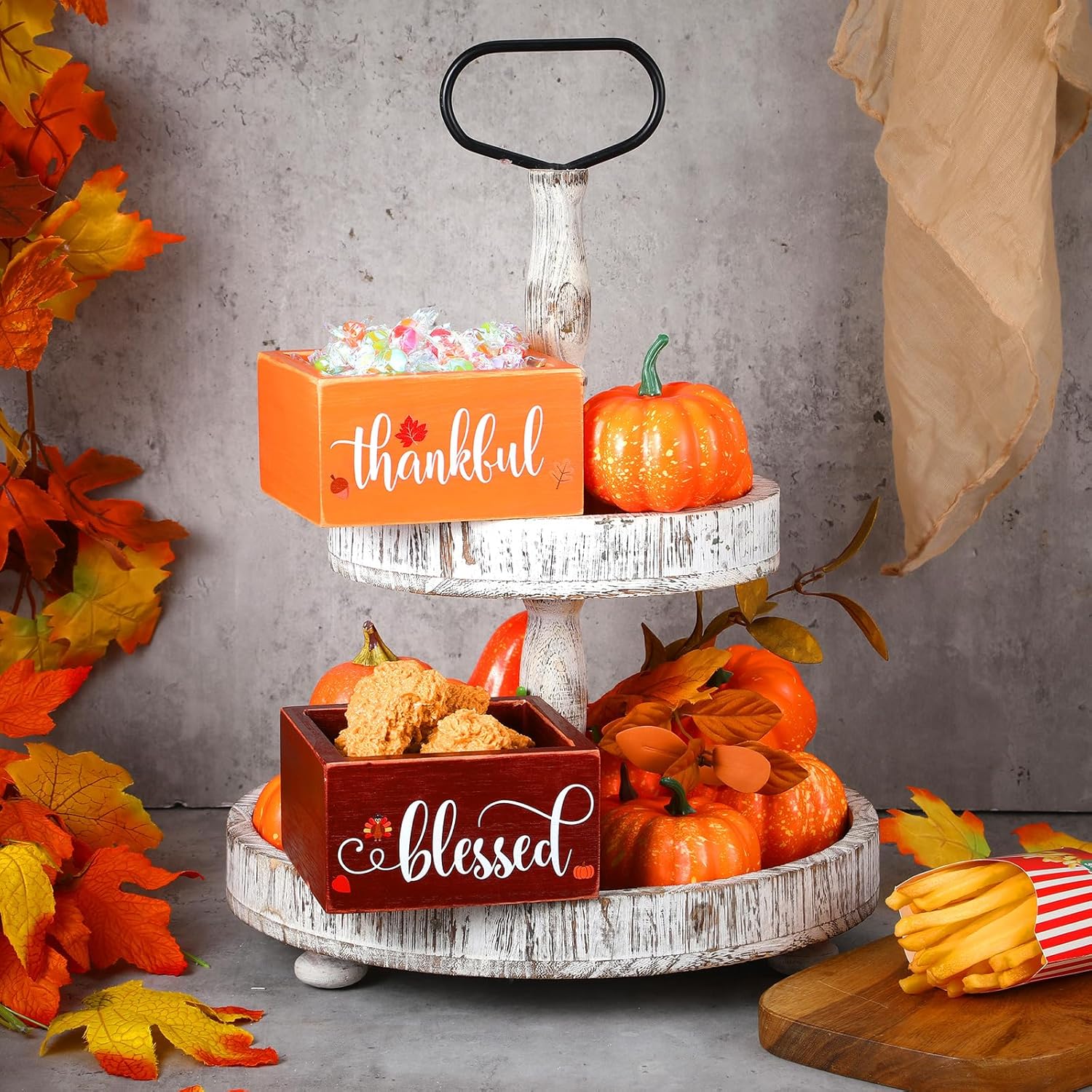 2 Pcs Fall Candy Dish Mini Wooden Autumn Candy Bowl Thanksgiving Harvest Candle Holder Farmhouse Bowls Party Supplies