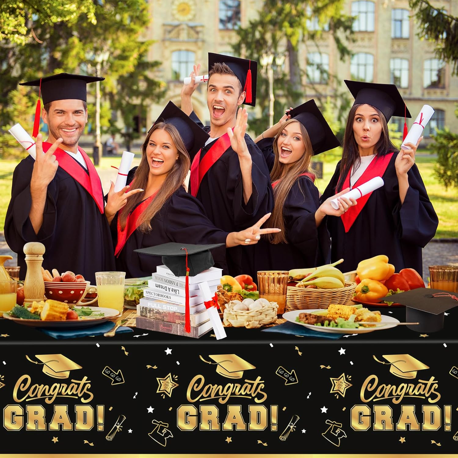 2 Pack Graduation Tablecloths - Black Gold Class of 2025 Decorations
