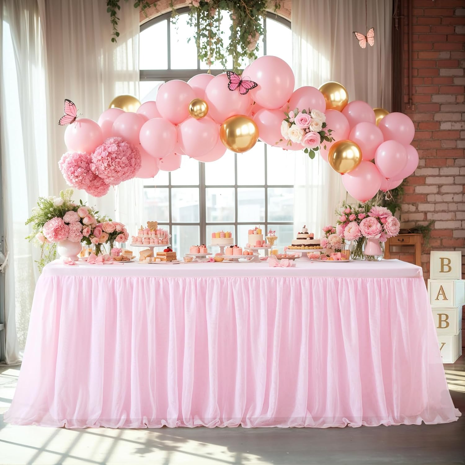 1 Pack Pink Table Cloth for Rectangle Tables 6FT Tulle Table Skirt Stretch Fitted Table Cover