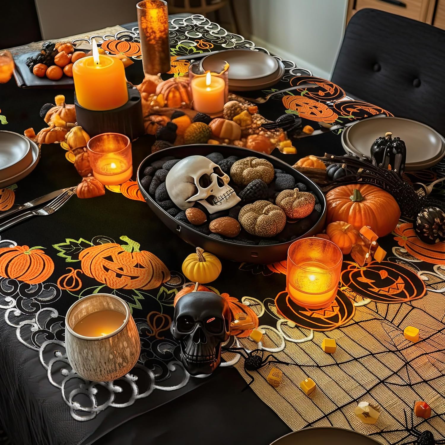 Halloween Square Tablecloth 34 Inch Black Orange Pumpkin Design