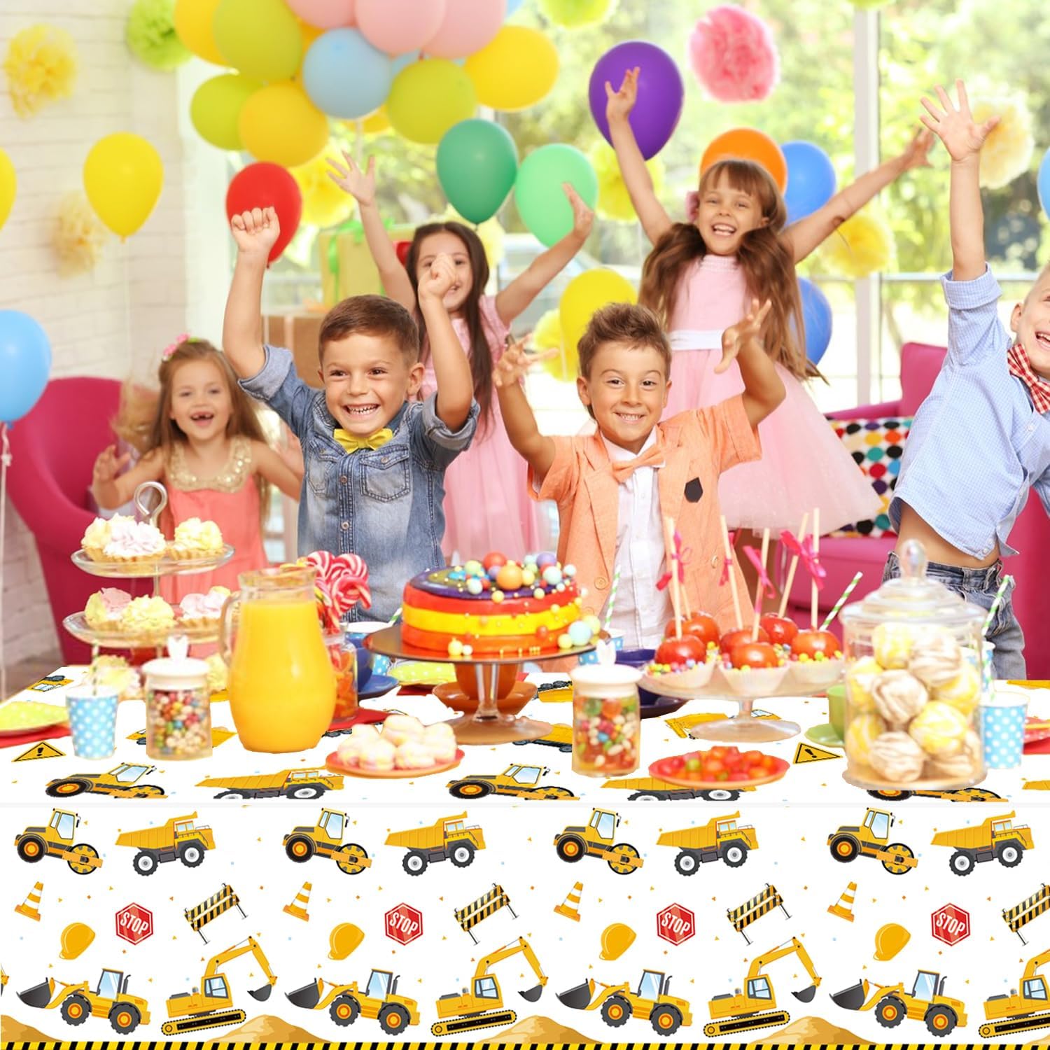 3 Pack Construction Themed Tablecloths 54 x 108 Inches