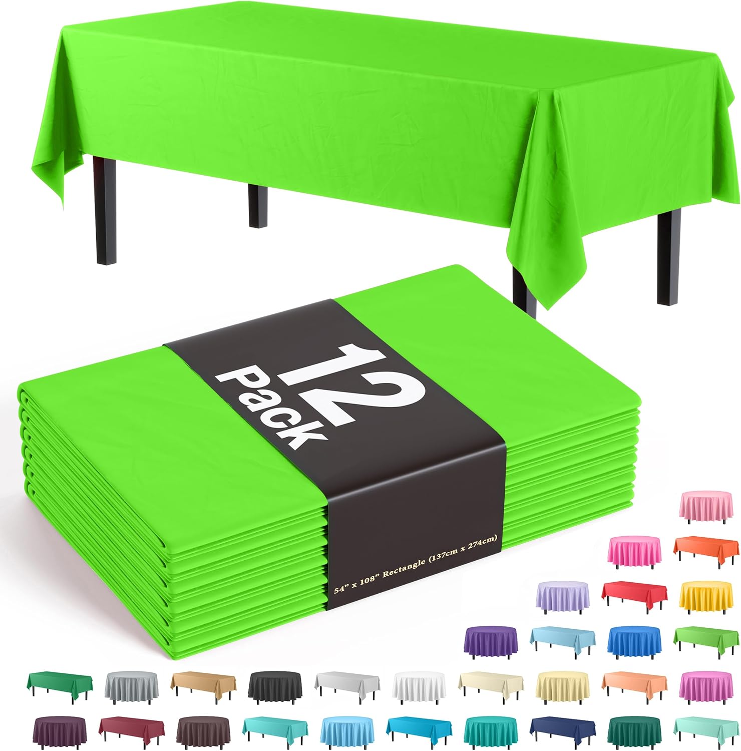 Exquisite 12-Pack Premium Plastic Tablecloth 54in x 108in Rectangle Lime Green