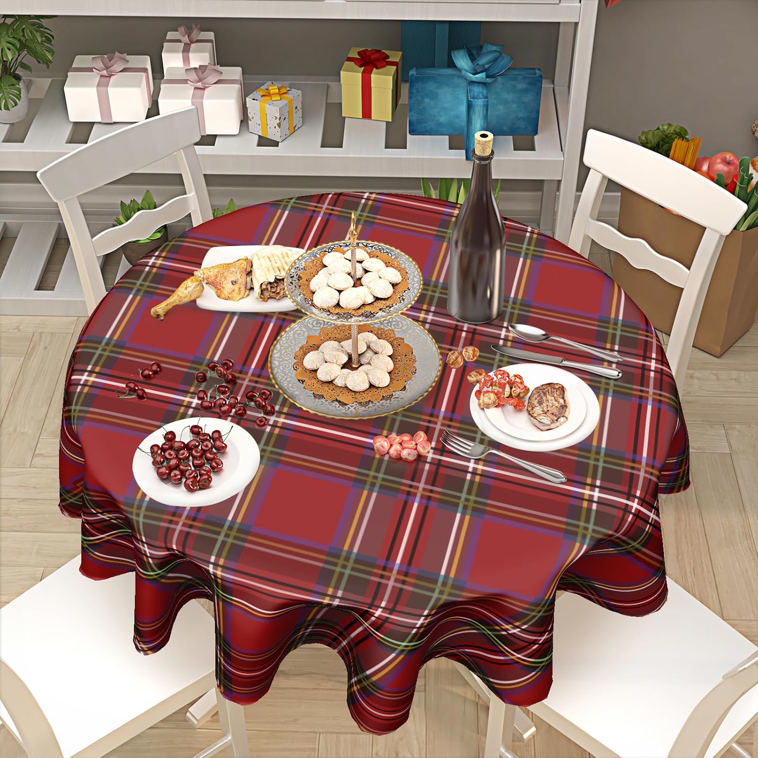 60 Inch Red Christmas Round Tablecloth with Buffalo Plaid Design