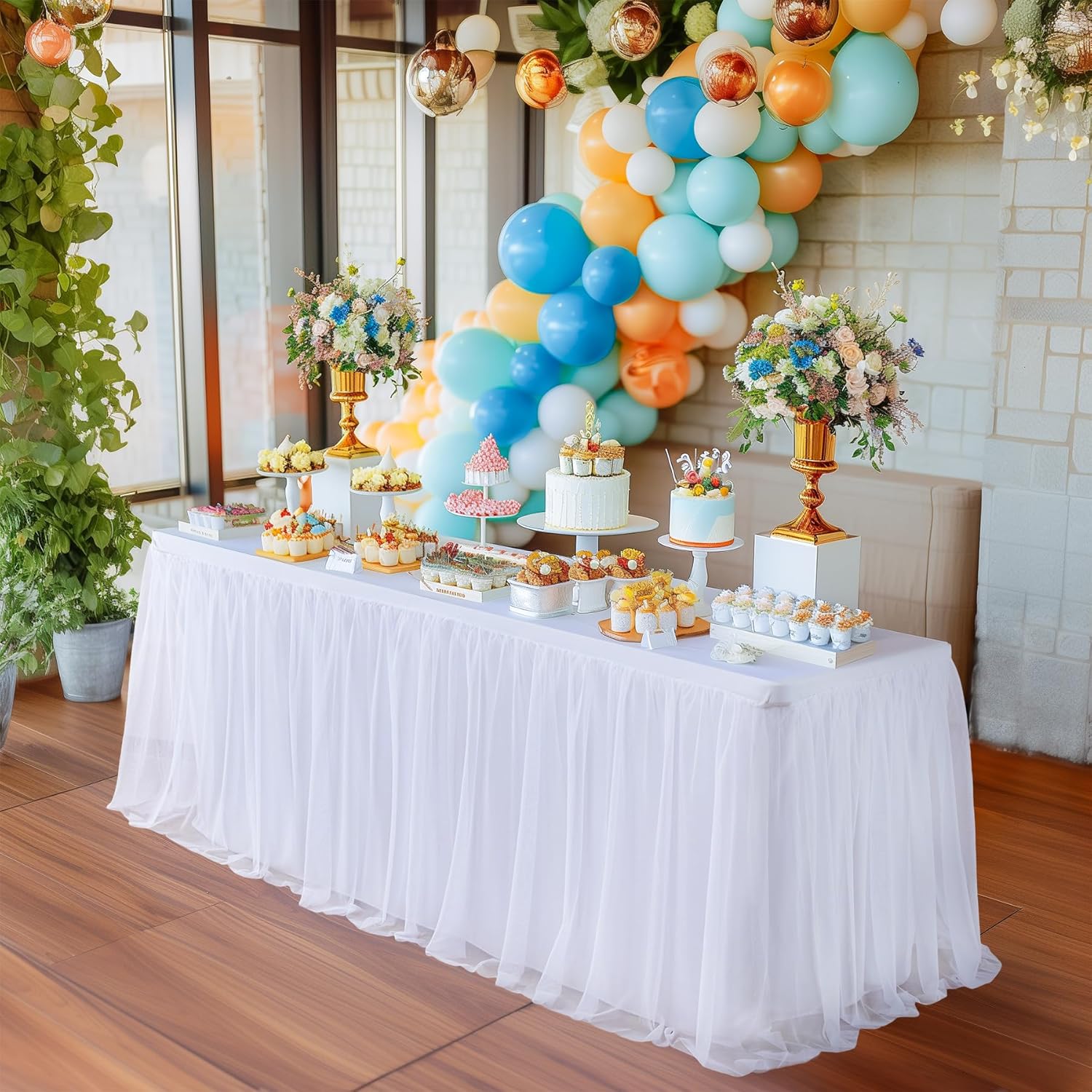 White Tulle Tablecloth with Skirt for 6 Foot Tables