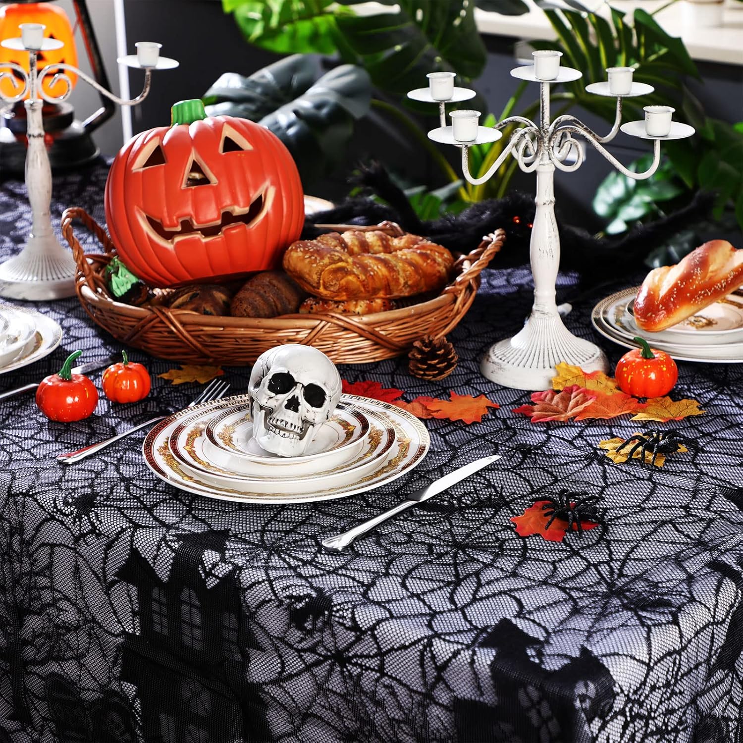 Irenare Halloween Spider Web Tablecloth Black Lace Gothic Rectangular 53 x 69 Inch