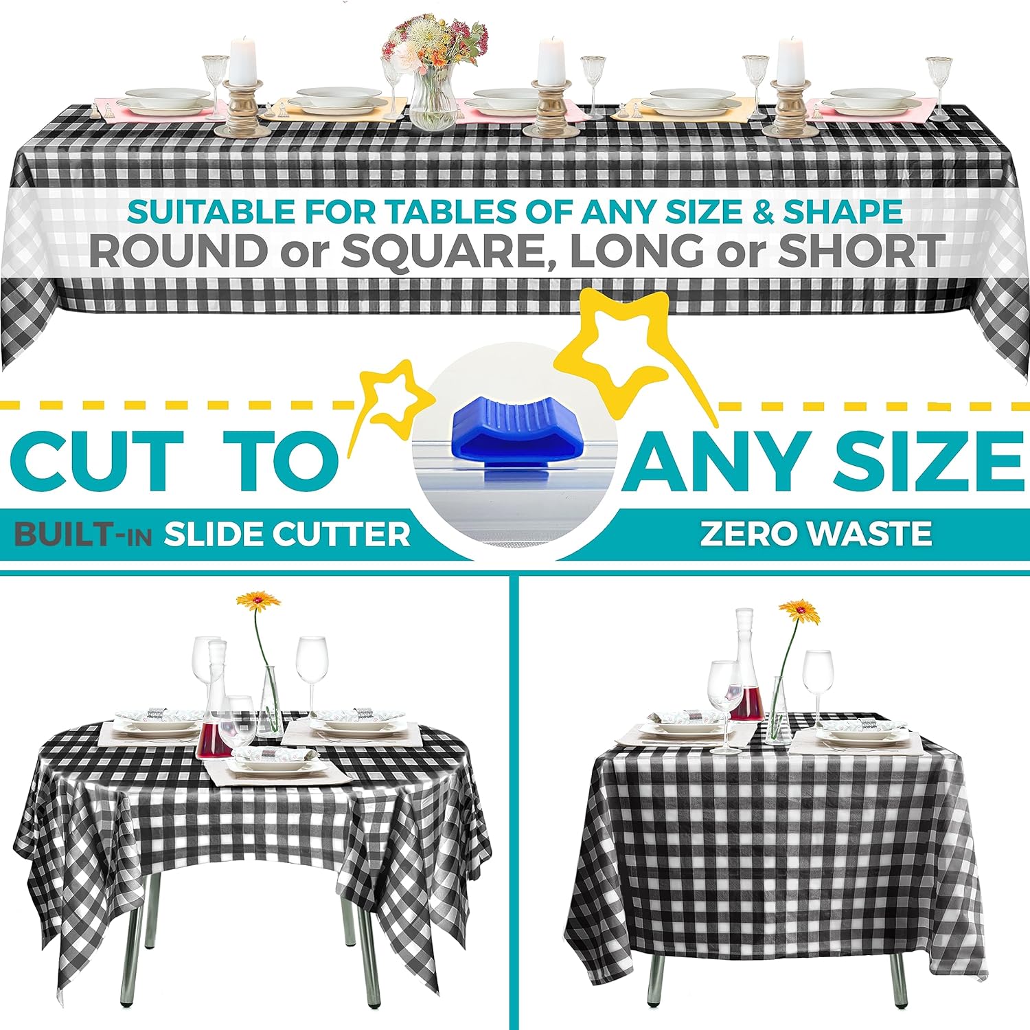 Smarty Kiddo 54in X 100ft Checkered Plastic Tablecloth Roll with Built Cutter