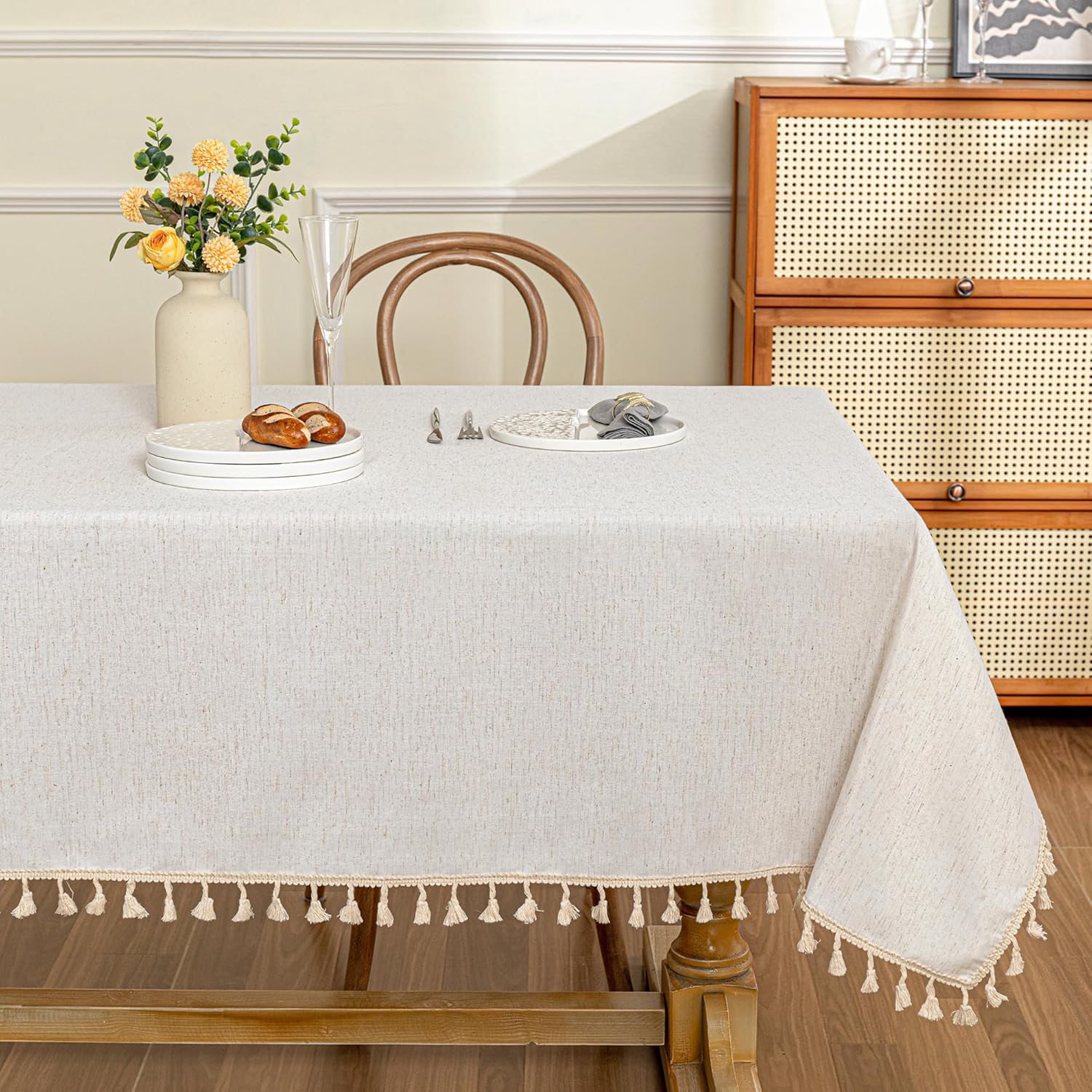 MYSKY HOME 60x84 Inch Waterproof Table Cloth with Beige Tassels