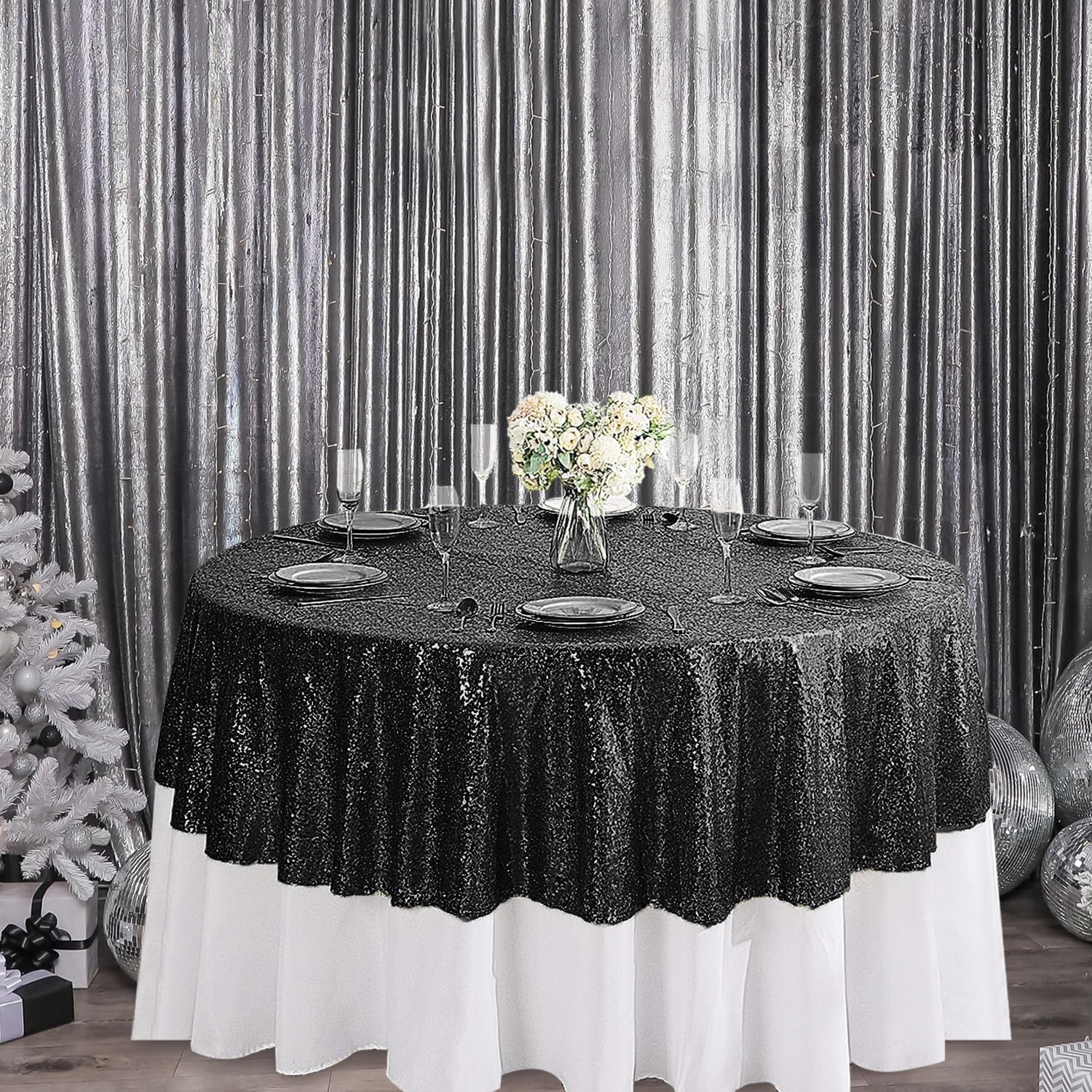 Pufogu 50 Inch Round Black Sequin Tablecloth
