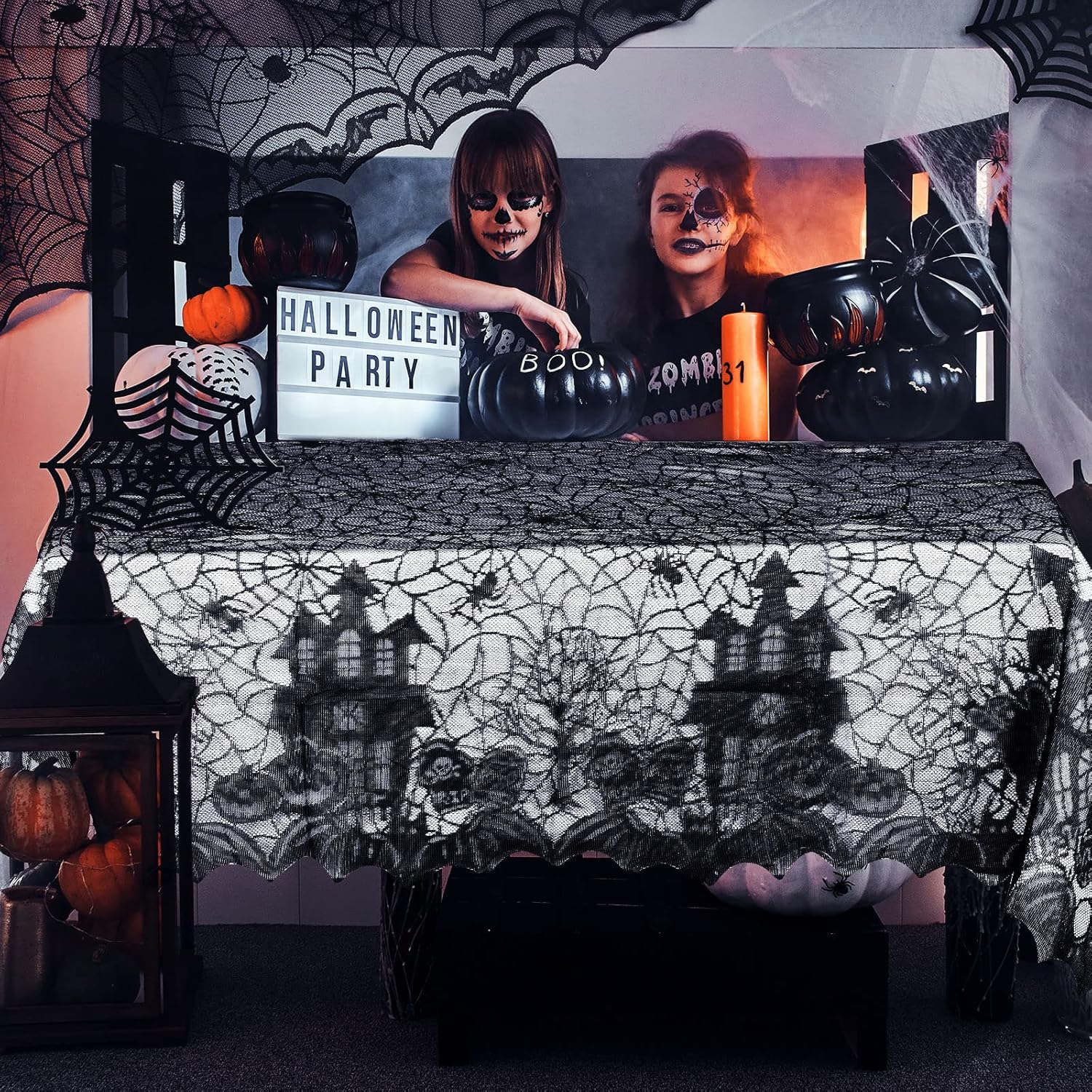 Irenare Halloween Spider Web Tablecloth Black Lace Gothic Rectangular 53 x 69 Inch