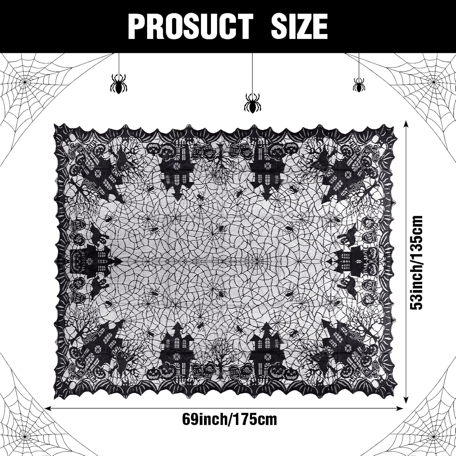 Irenare Halloween Spider Web Tablecloth Black Lace Gothic Rectangular 53 x 69 Inch