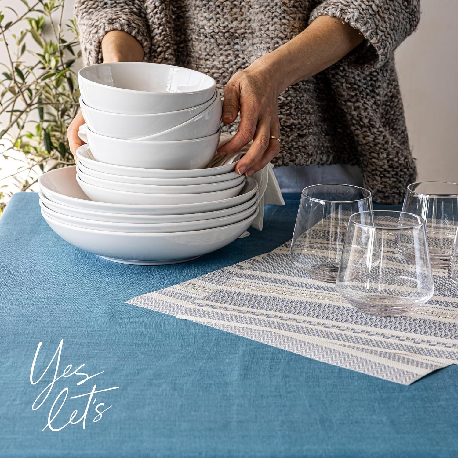 OverBack 100 Linen Woven Tablecloth - Blue 70x90