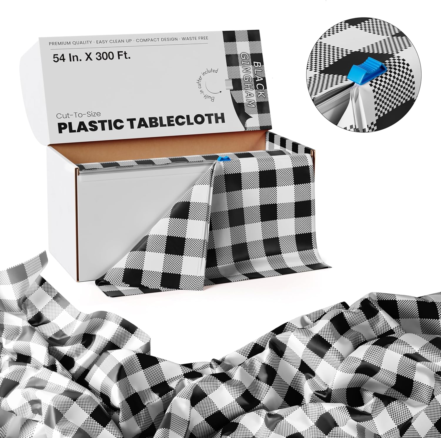 Exquisite Party Solids Black Gingham Table Cover Roll 54x300 Cut to Size with Slide Cutter
