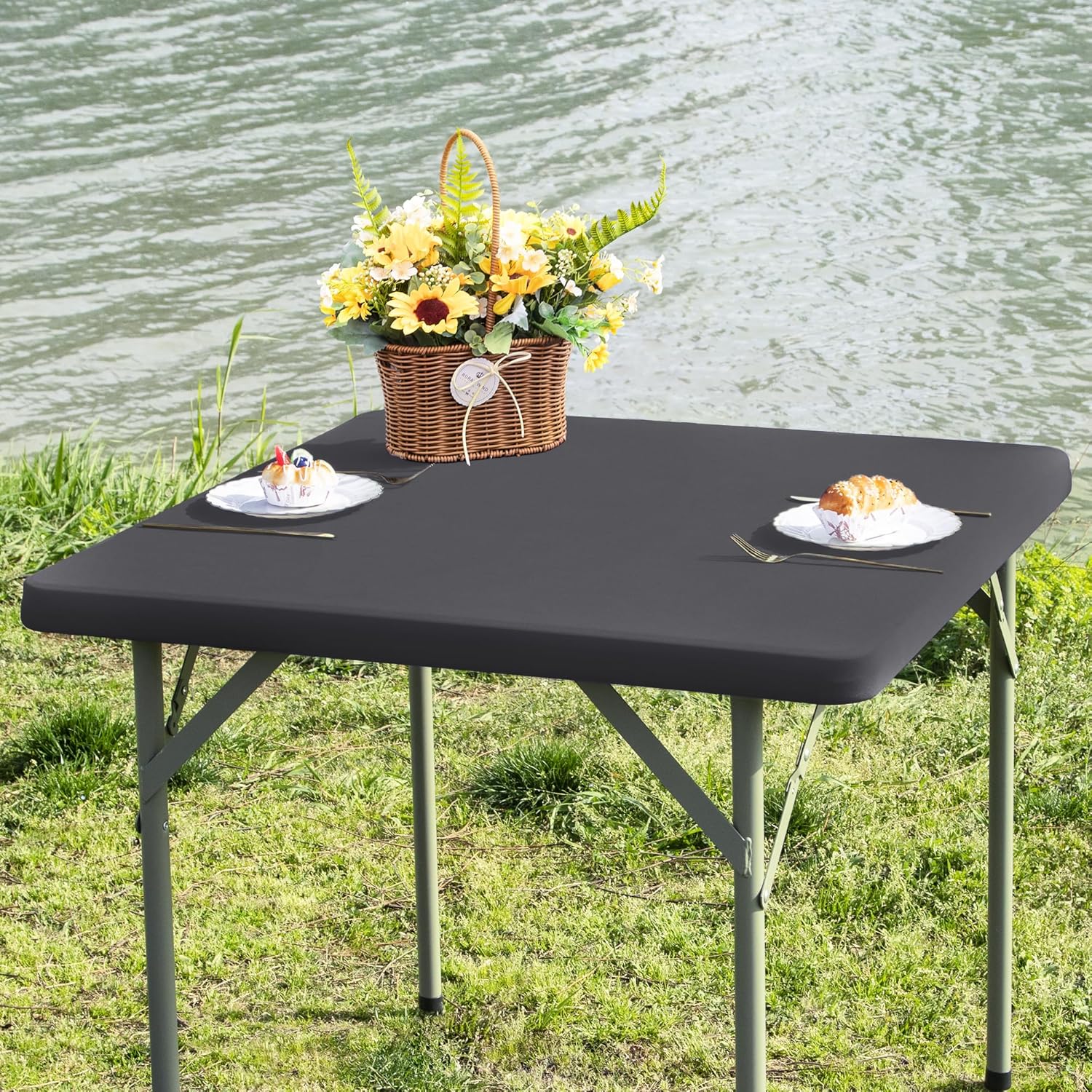 Square Fitted Table Cover 34x34 Inch Grey Spandex Tablecloth