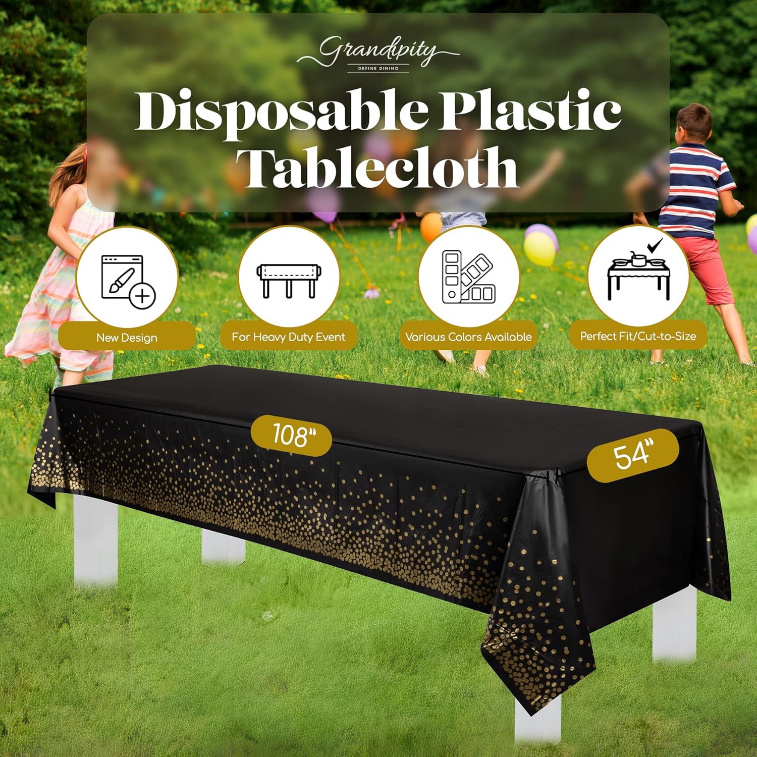 Grandipity Gold Dot on Black 12 Pack Tablecloth 54x108