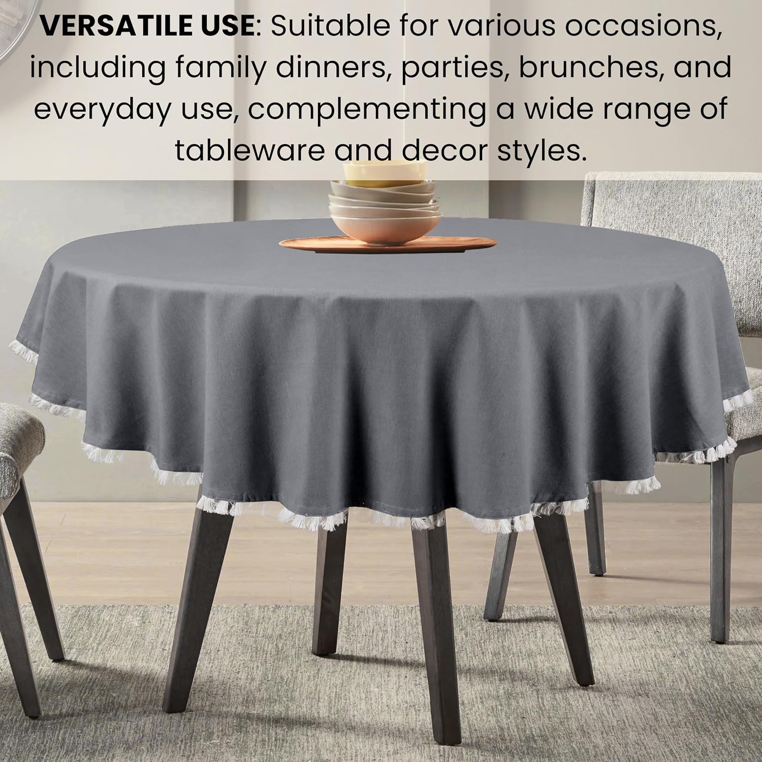 Cotton Clinic Rustic Round Tablecloth 60 Inches Dark Grey