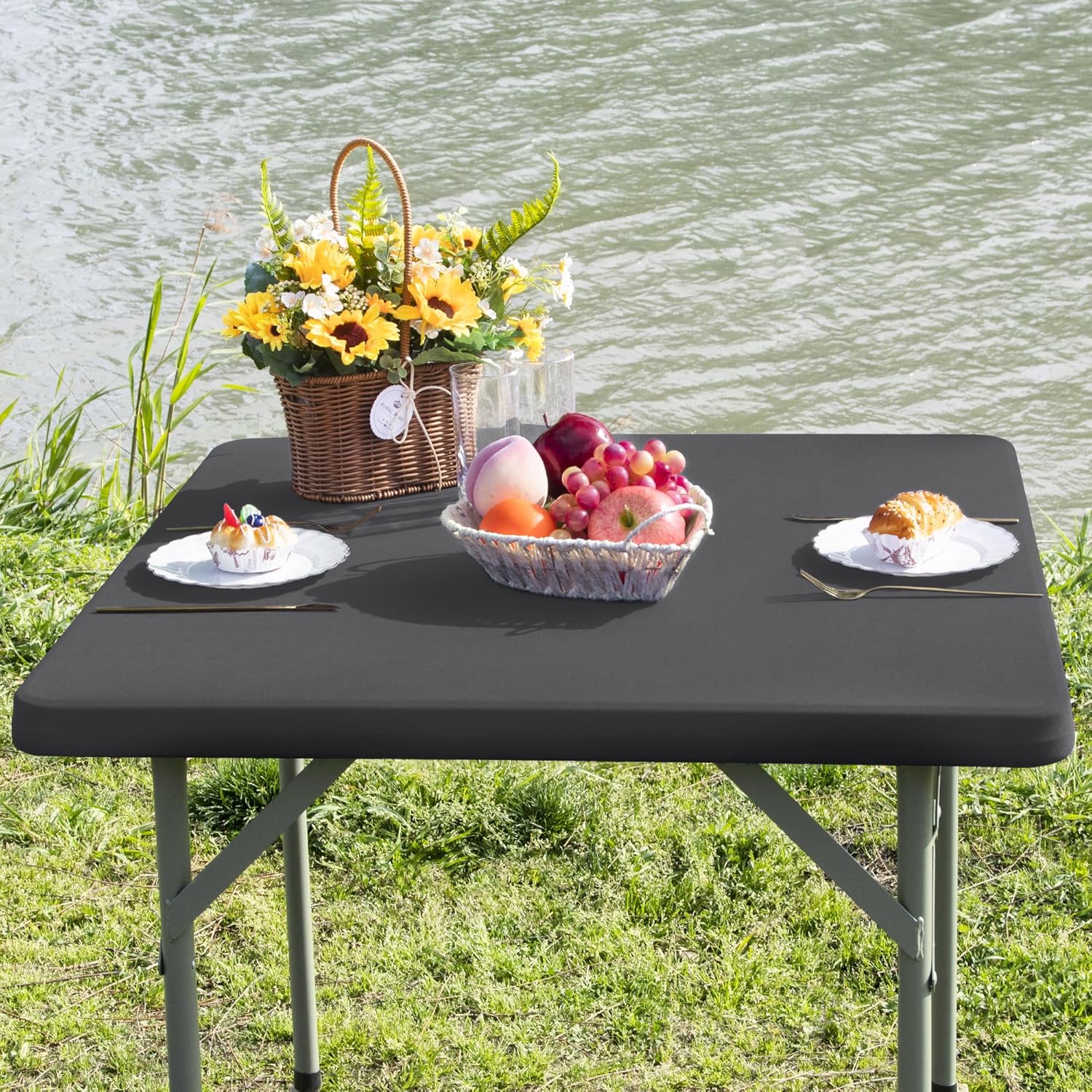 Square Fitted Table Cover 34x34 Inch Grey Spandex Tablecloth