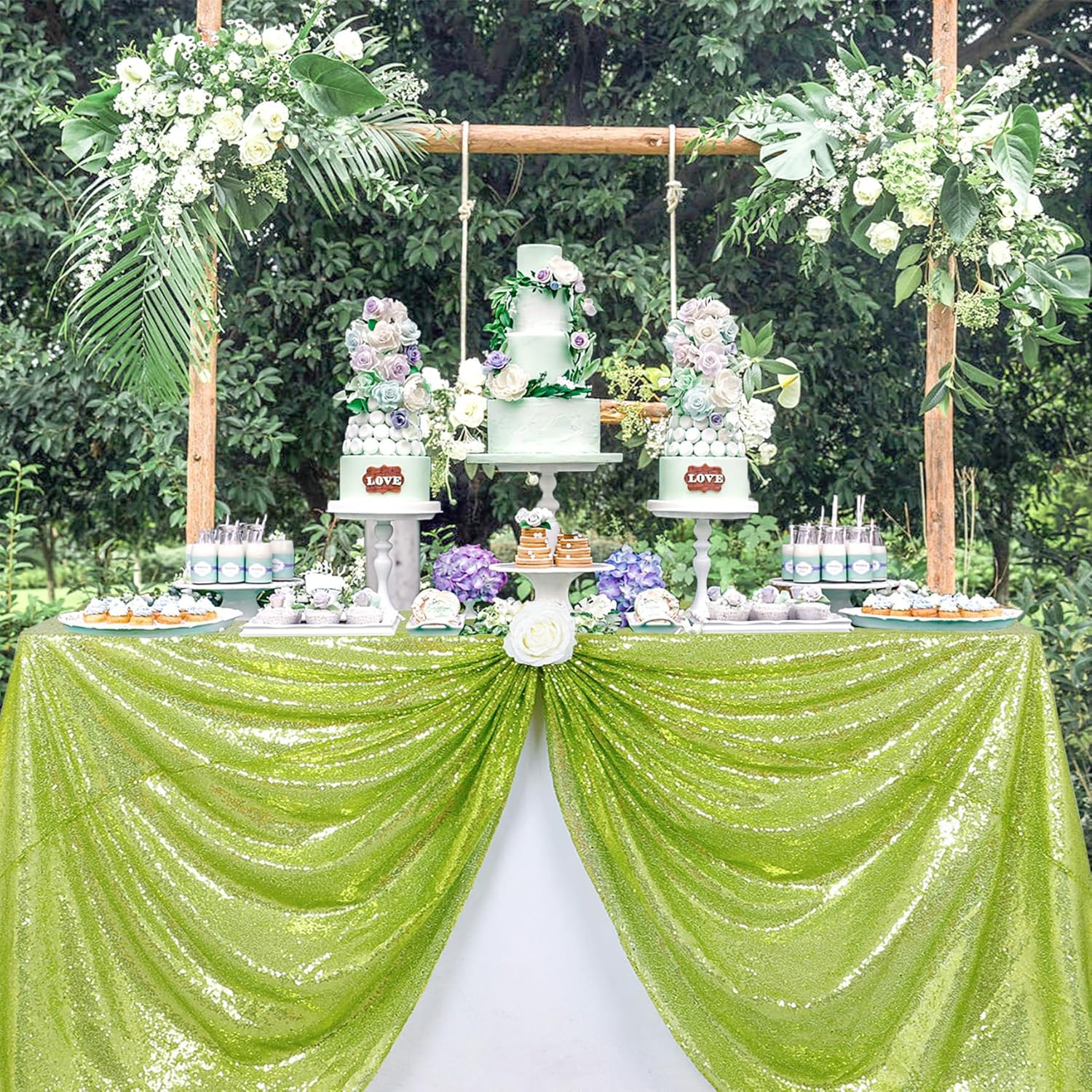 ShinyBeauty Sequin Tablecloth Olive Green 60x102 Inch Rectangle Sparkly Fabric Tablecloths for Wedding Party