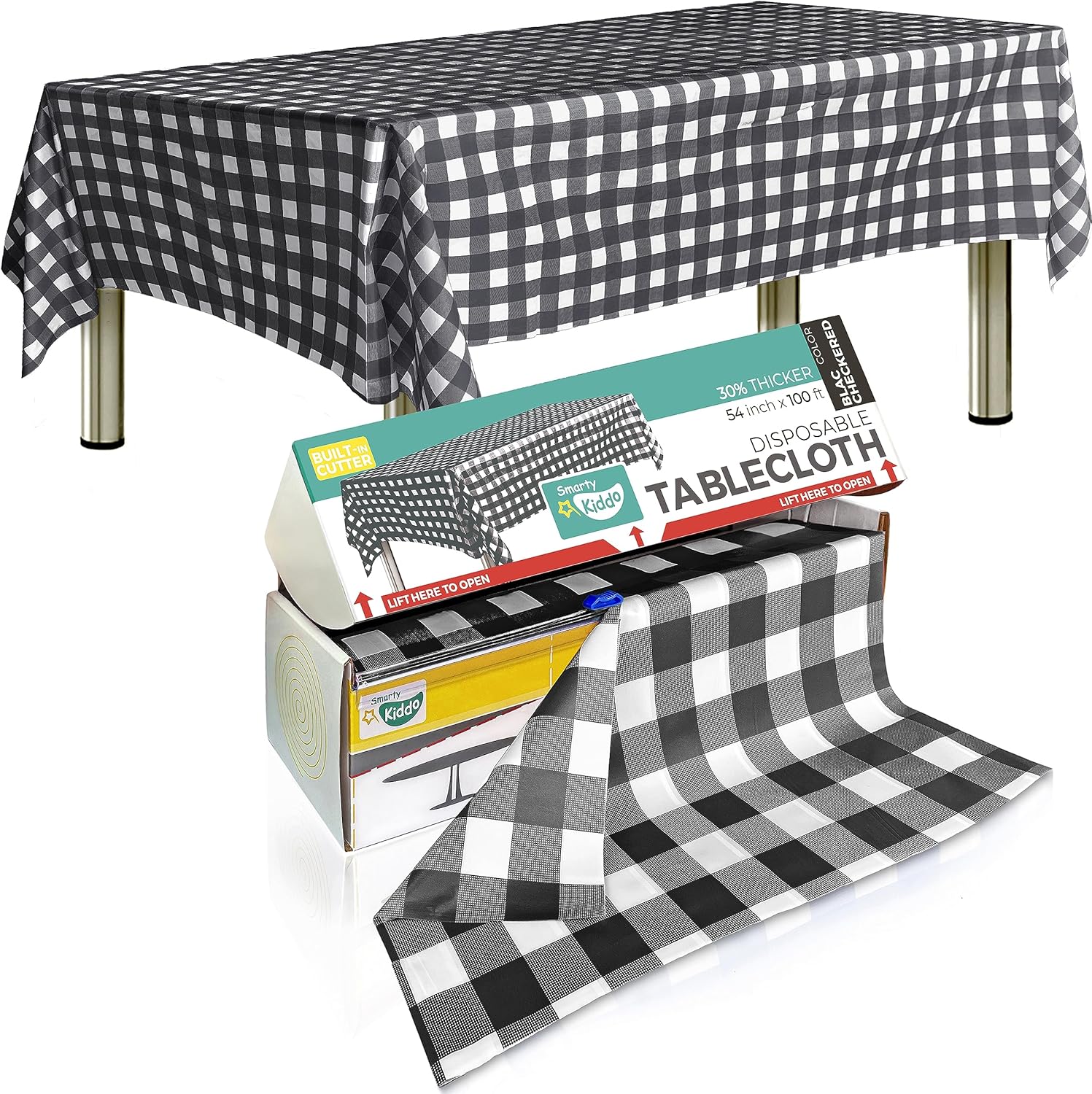 Smarty Kiddo 54in X 100ft Checkered Plastic Tablecloth Roll with Built Cutter