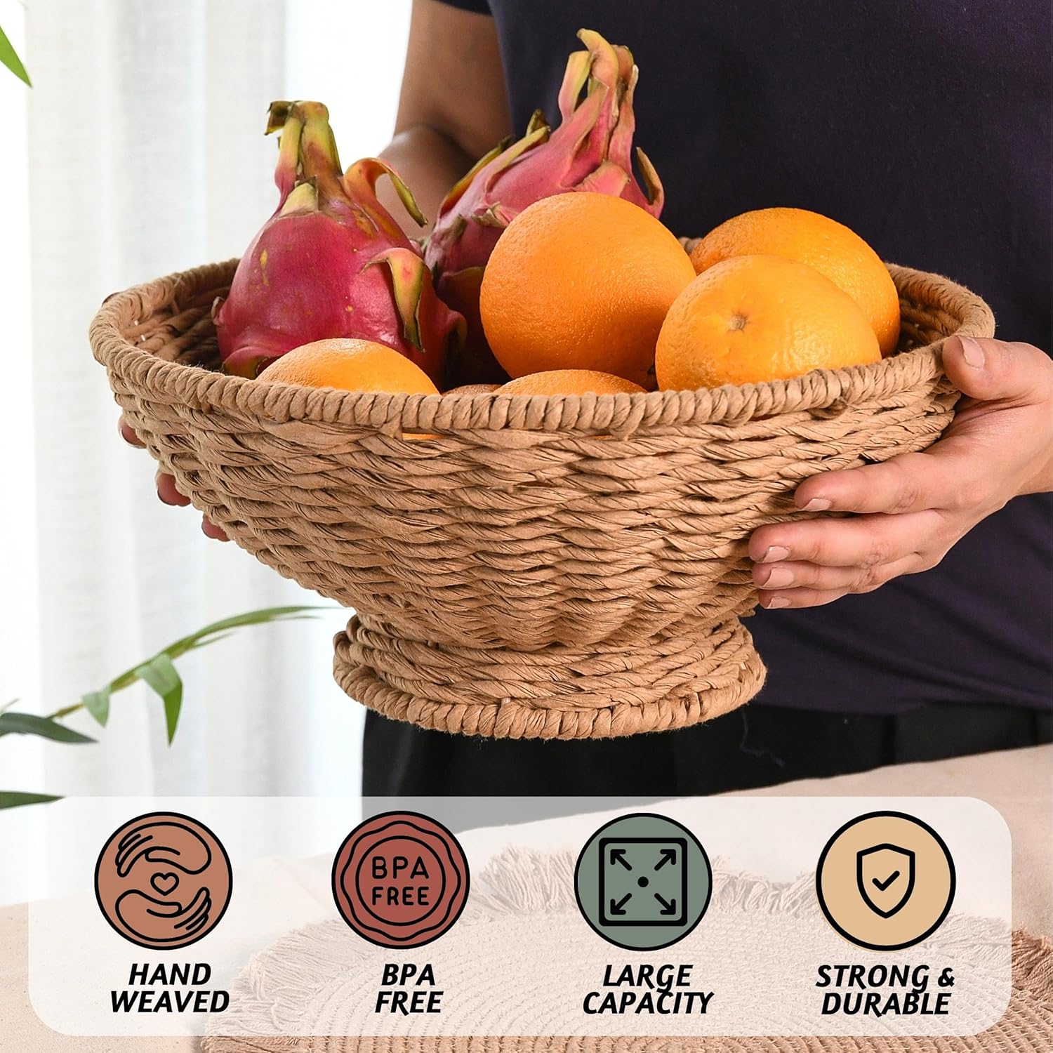 Folkulture Jute Fruit Bowl 12 Inch Decorative Serving Bowl