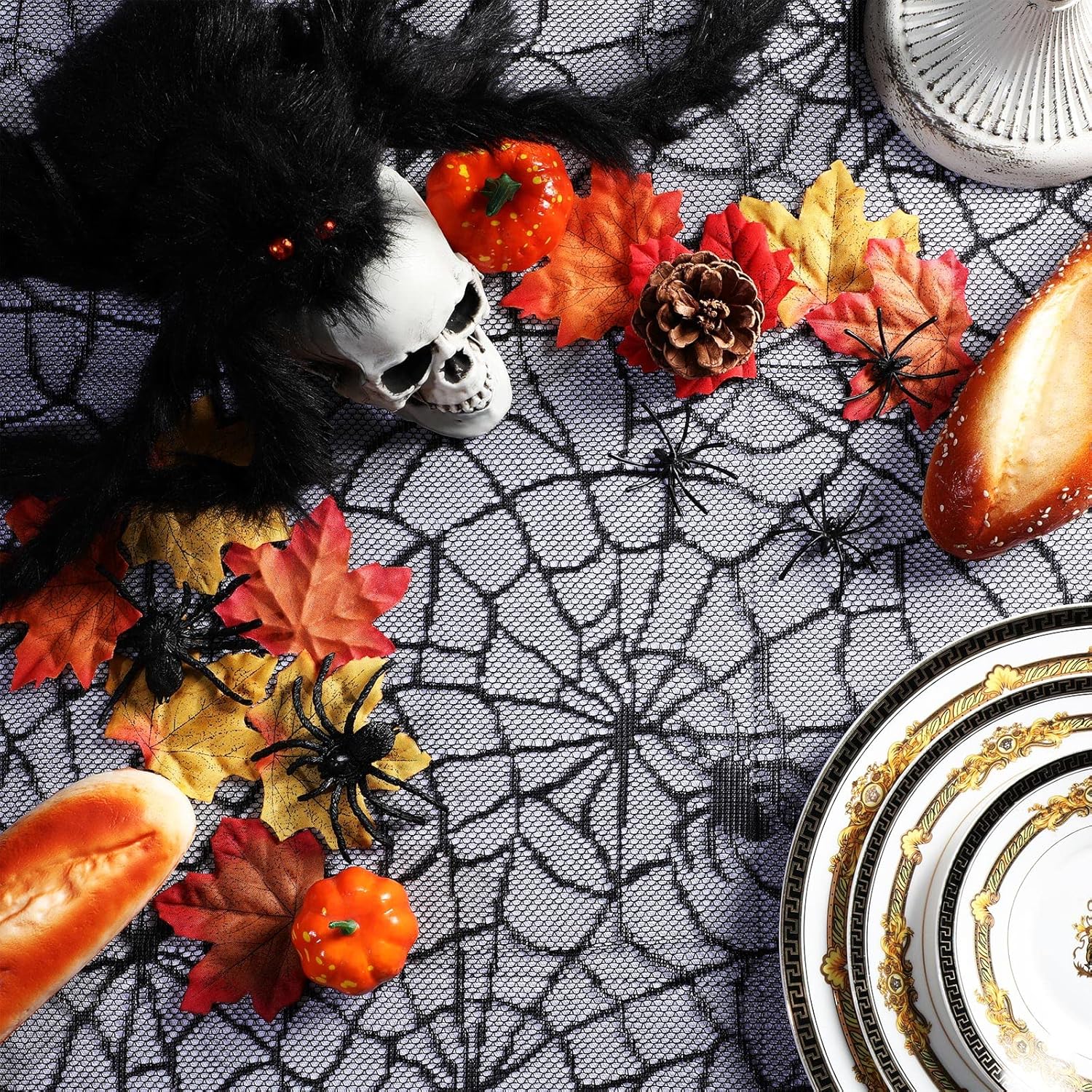 Irenare Halloween Spider Web Tablecloth Black Lace Gothic Rectangular 53 x 69 Inch