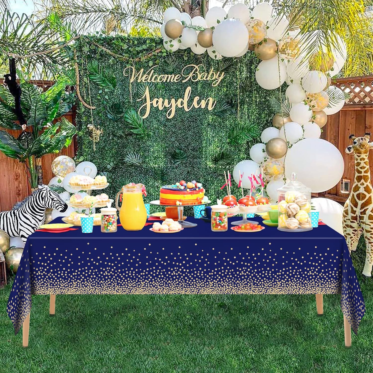 2 Pcs Navy Blue Gold Dot Plastic Tablecloth for Rectangle Tables