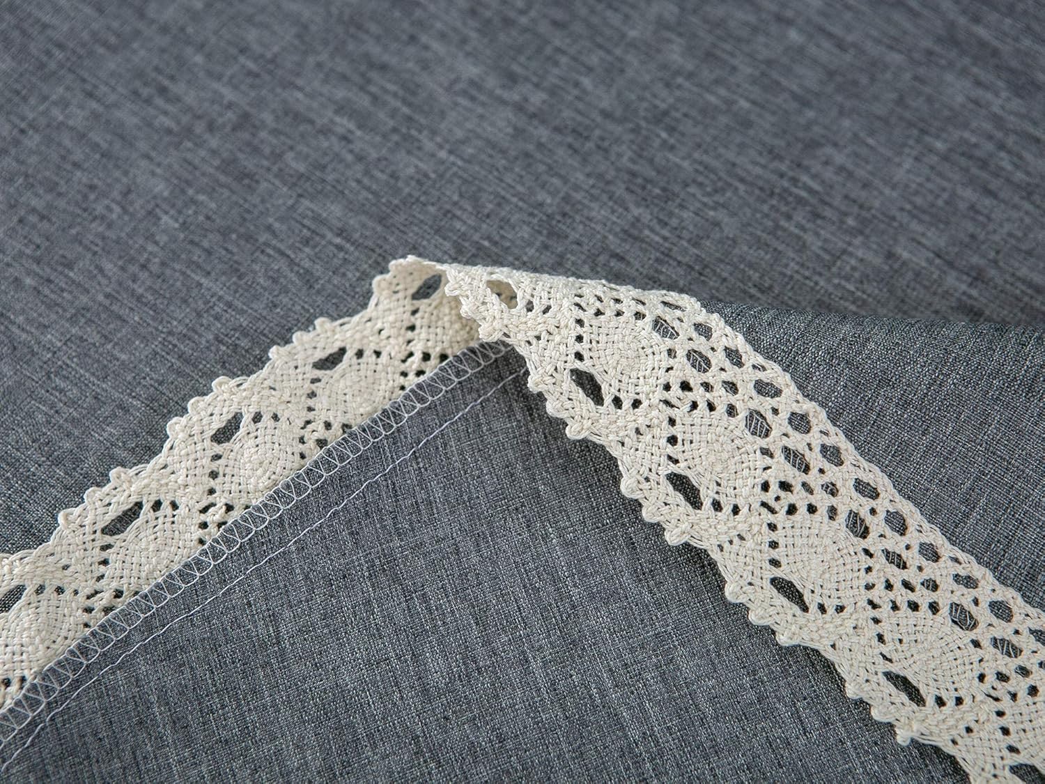 EHouseHome Faux Linen Tablecloth with Lace Trim - 70 Inch Grey Waterproof Spill Proof
