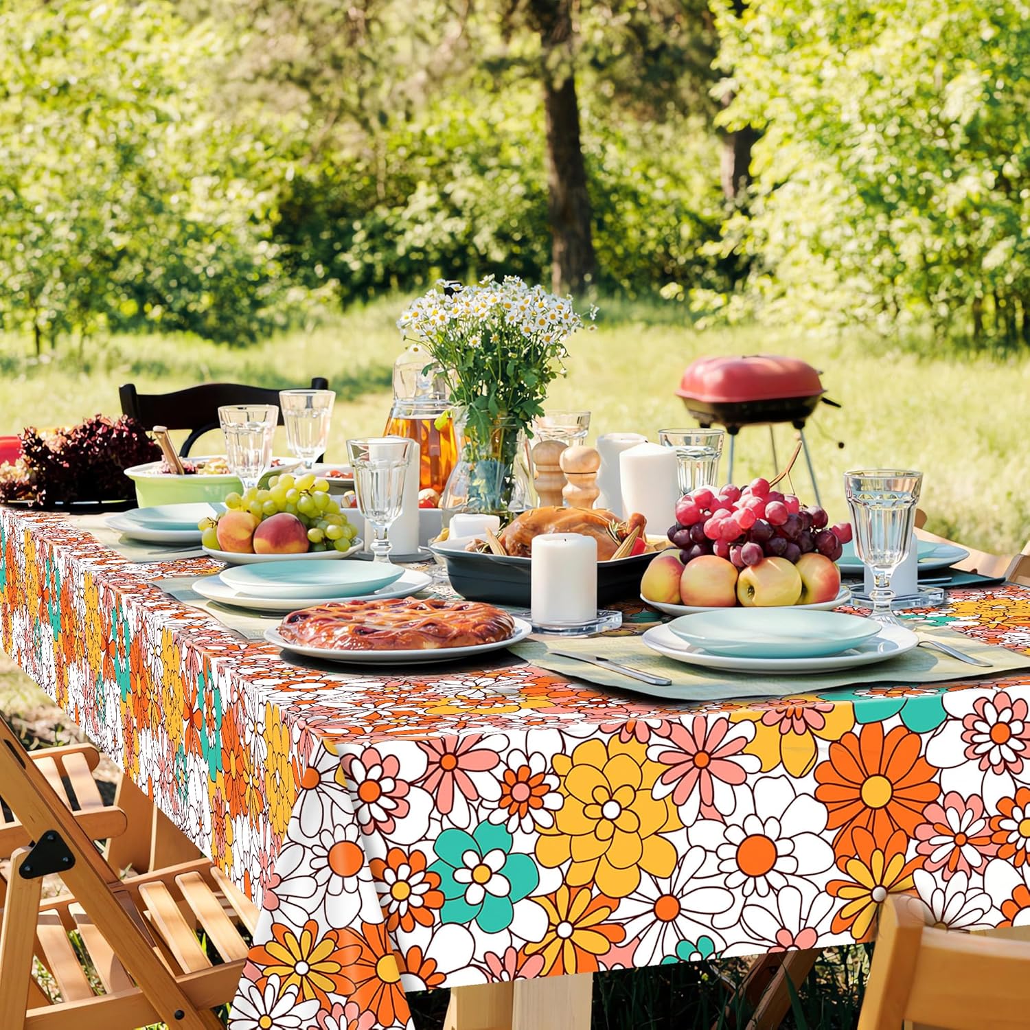 Augisteen Groovy Daisy Tablecloth Set 54x108 Inch Waterproof